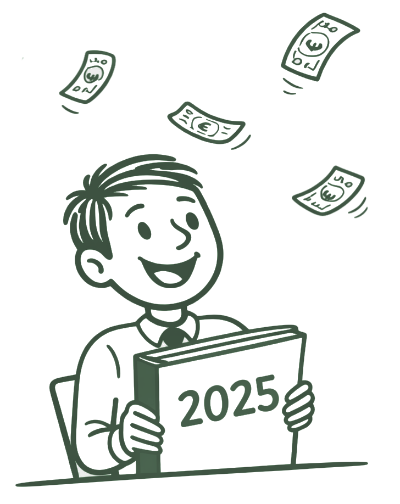 Person im Geldregen mit einer Mappe "2025" in der Hand